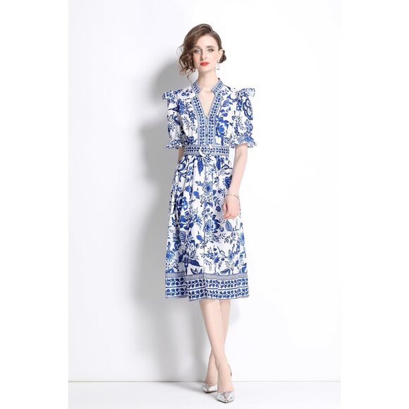 Women's Floral Print V-Neck Button Up Short Puff Sleeve Midi Dress - Picture 5 of 7